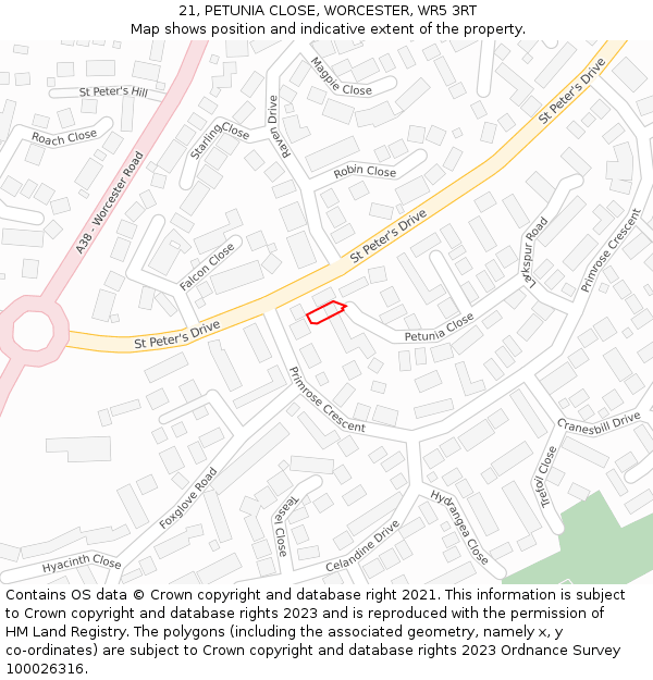 21, PETUNIA CLOSE, WORCESTER, WR5 3RT: Location map and indicative extent of plot