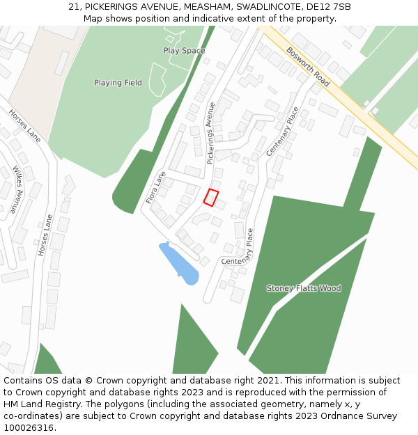 21, PICKERINGS AVENUE, MEASHAM, SWADLINCOTE, DE12 7SB: Location map and indicative extent of plot