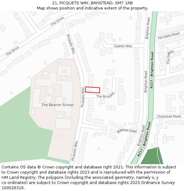 21, PICQUETS WAY, BANSTEAD, SM7 1AB: Location map and indicative extent of plot