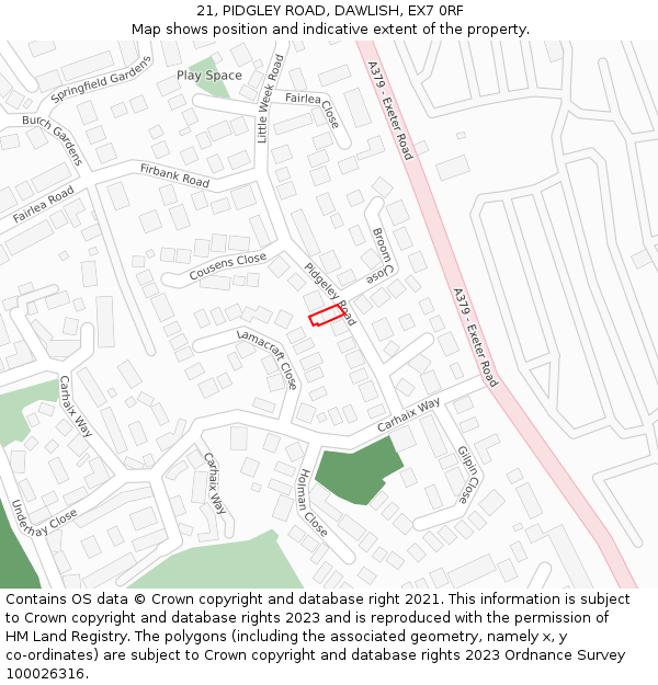 21, PIDGLEY ROAD, DAWLISH, EX7 0RF: Location map and indicative extent of plot