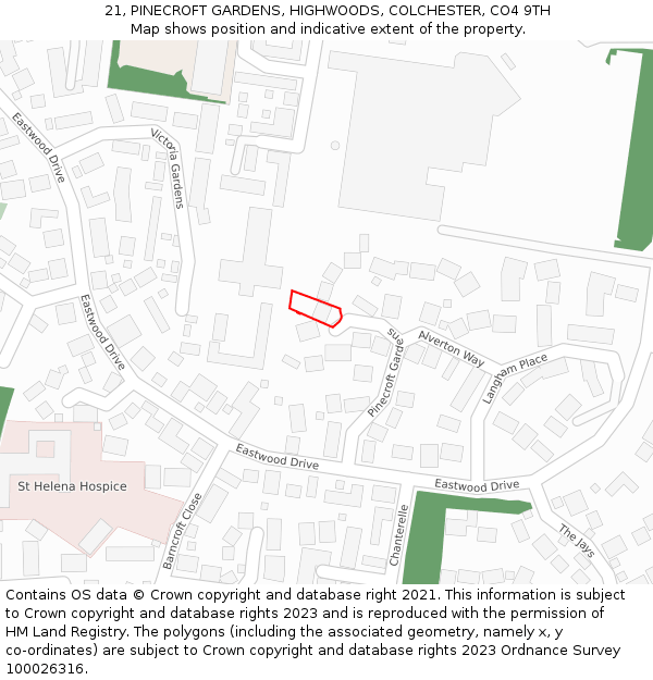 21, PINECROFT GARDENS, HIGHWOODS, COLCHESTER, CO4 9TH: Location map and indicative extent of plot