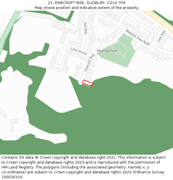 21, PINECROFT RISE, SUDBURY, CO10 7PA: Location map and indicative extent of plot