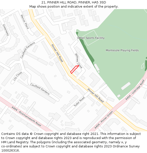 21, PINNER HILL ROAD, PINNER, HA5 3SD: Location map and indicative extent of plot
