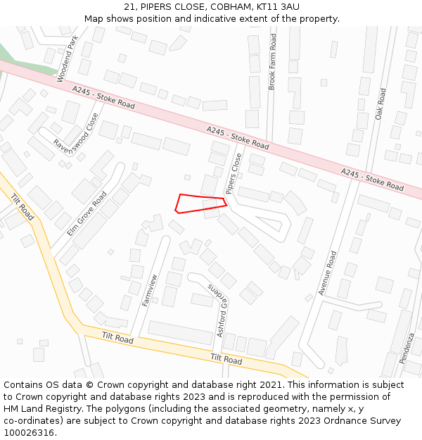 21, PIPERS CLOSE, COBHAM, KT11 3AU: Location map and indicative extent of plot