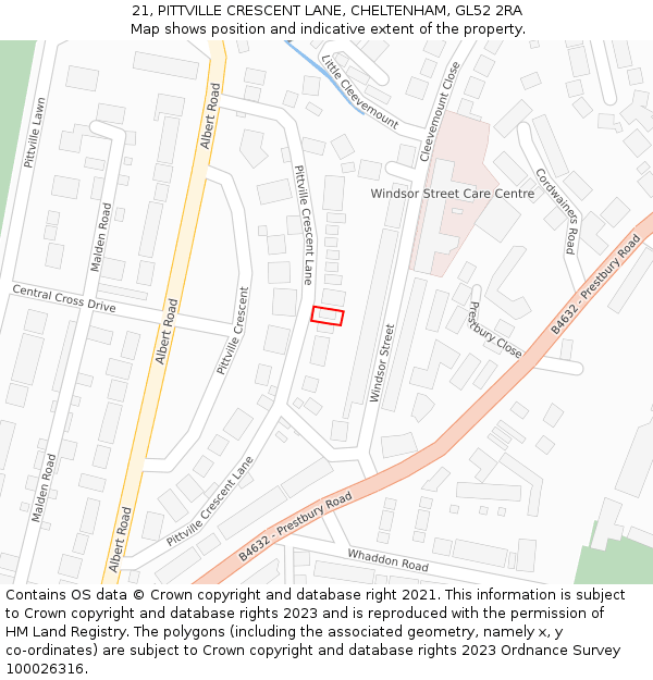 21, PITTVILLE CRESCENT LANE, CHELTENHAM, GL52 2RA: Location map and indicative extent of plot