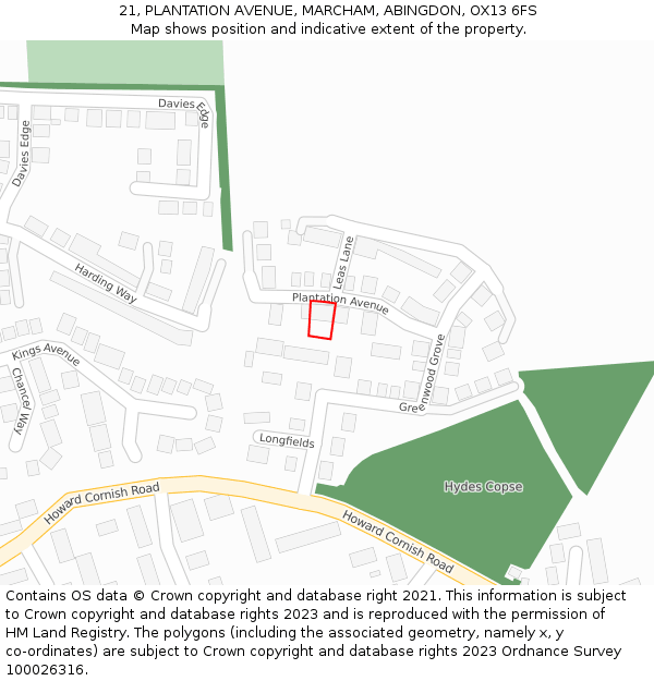 21, PLANTATION AVENUE, MARCHAM, ABINGDON, OX13 6FS: Location map and indicative extent of plot