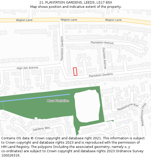 21, PLANTATION GARDENS, LEEDS, LS17 8SX: Location map and indicative extent of plot