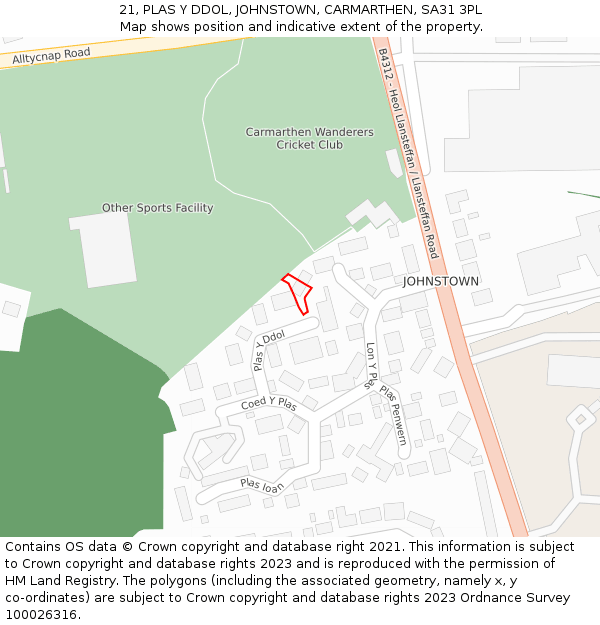21, PLAS Y DDOL, JOHNSTOWN, CARMARTHEN, SA31 3PL: Location map and indicative extent of plot