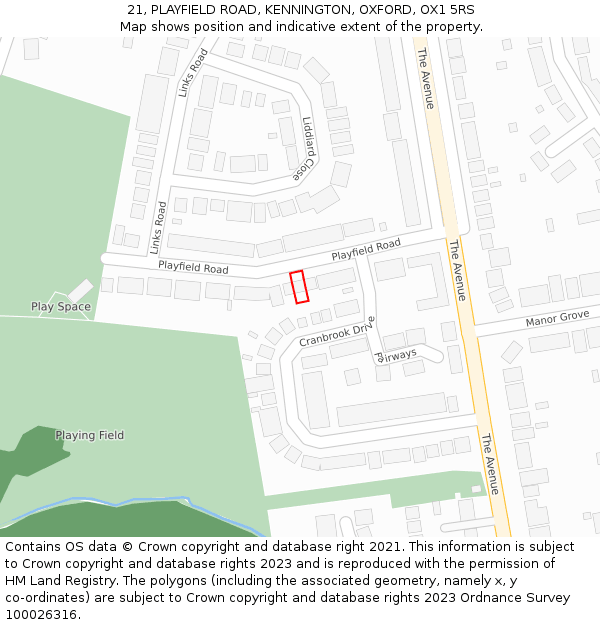 21, PLAYFIELD ROAD, KENNINGTON, OXFORD, OX1 5RS: Location map and indicative extent of plot