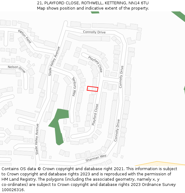 21, PLAYFORD CLOSE, ROTHWELL, KETTERING, NN14 6TU: Location map and indicative extent of plot