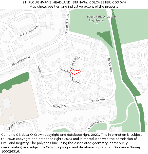 21, PLOUGHMANS HEADLAND, STANWAY, COLCHESTER, CO3 0YH: Location map and indicative extent of plot