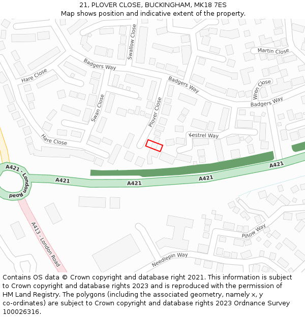 21, PLOVER CLOSE, BUCKINGHAM, MK18 7ES: Location map and indicative extent of plot