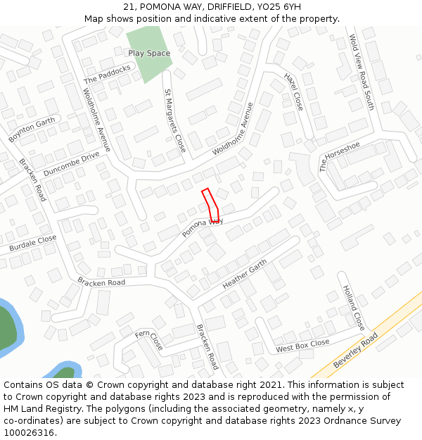 21, POMONA WAY, DRIFFIELD, YO25 6YH: Location map and indicative extent of plot