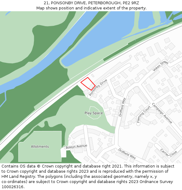21, PONSONBY DRIVE, PETERBOROUGH, PE2 9RZ: Location map and indicative extent of plot