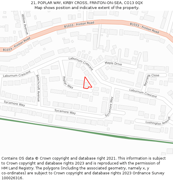 21, POPLAR WAY, KIRBY CROSS, FRINTON-ON-SEA, CO13 0QX: Location map and indicative extent of plot