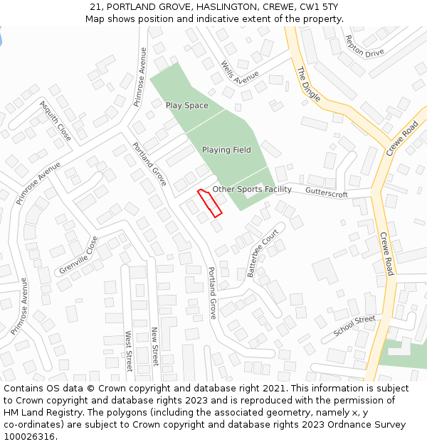 21, PORTLAND GROVE, HASLINGTON, CREWE, CW1 5TY: Location map and indicative extent of plot