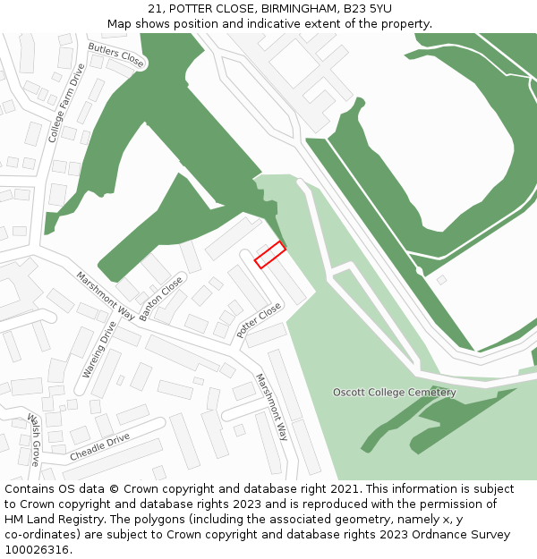 21, POTTER CLOSE, BIRMINGHAM, B23 5YU: Location map and indicative extent of plot