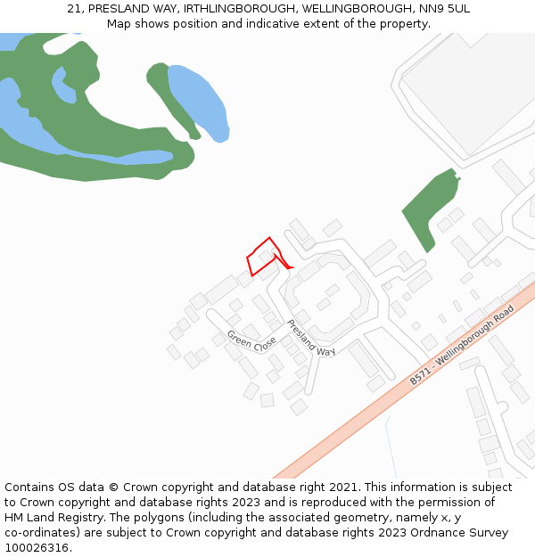 21, PRESLAND WAY, IRTHLINGBOROUGH, WELLINGBOROUGH, NN9 5UL: Location map and indicative extent of plot