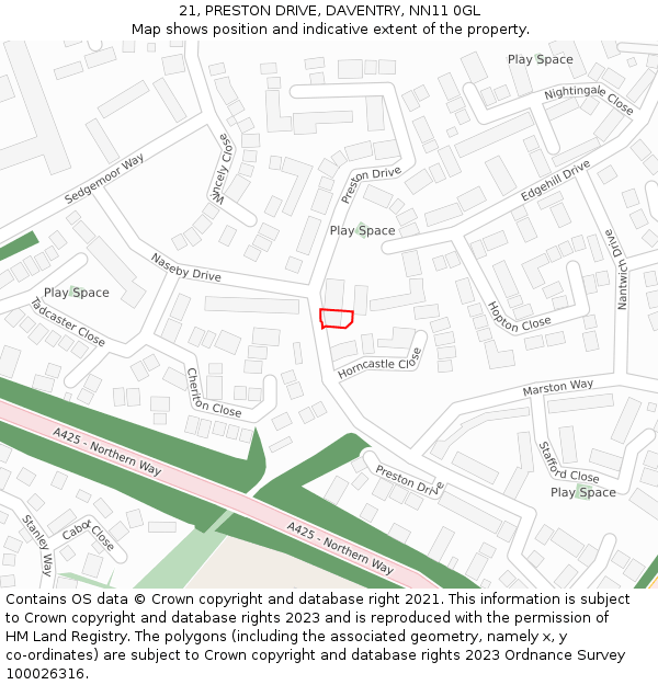 21, PRESTON DRIVE, DAVENTRY, NN11 0GL: Location map and indicative extent of plot