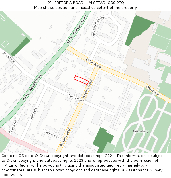 21, PRETORIA ROAD, HALSTEAD, CO9 2EQ: Location map and indicative extent of plot