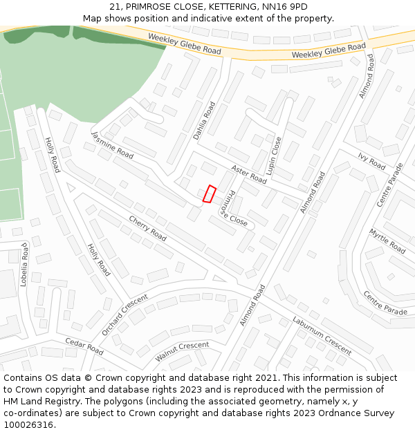 21, PRIMROSE CLOSE, KETTERING, NN16 9PD: Location map and indicative extent of plot