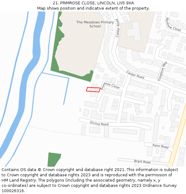 21, PRIMROSE CLOSE, LINCOLN, LN5 9XA: Location map and indicative extent of plot