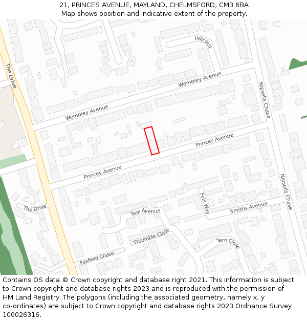 21, PRINCES AVENUE, MAYLAND, CHELMSFORD, CM3 6BA: Location map and indicative extent of plot