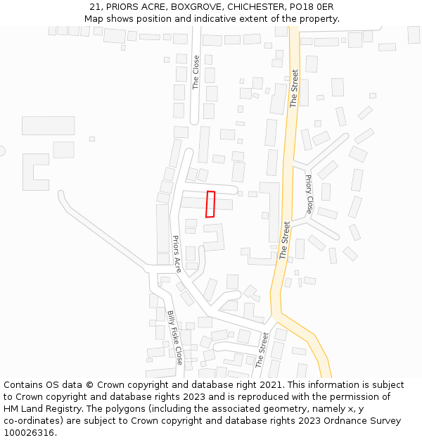 21, PRIORS ACRE, BOXGROVE, CHICHESTER, PO18 0ER: Location map and indicative extent of plot