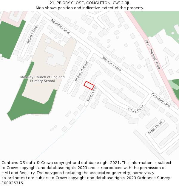 21, PRIORY CLOSE, CONGLETON, CW12 3JL: Location map and indicative extent of plot