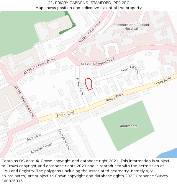 21, PRIORY GARDENS, STAMFORD, PE9 2EG: Location map and indicative extent of plot