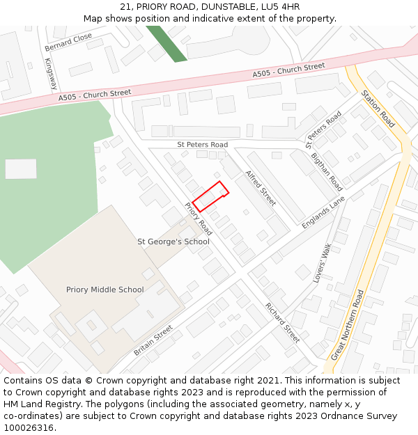 21, PRIORY ROAD, DUNSTABLE, LU5 4HR: Location map and indicative extent of plot