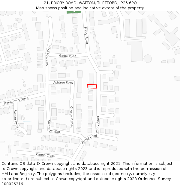 21, PRIORY ROAD, WATTON, THETFORD, IP25 6PQ: Location map and indicative extent of plot