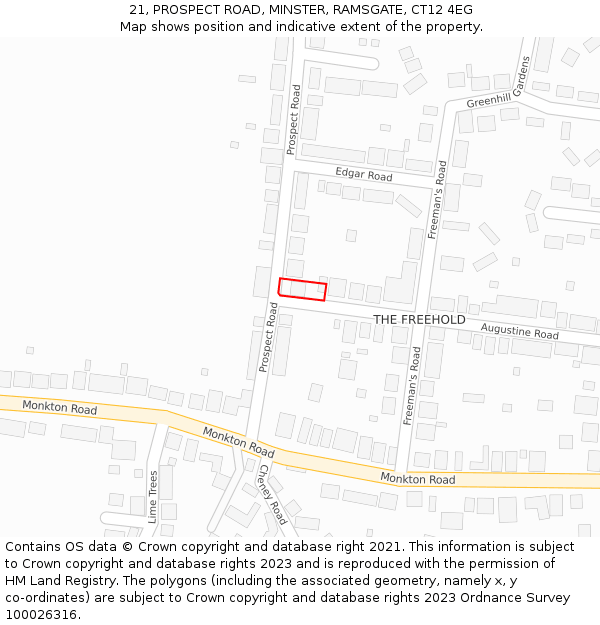 21, PROSPECT ROAD, MINSTER, RAMSGATE, CT12 4EG: Location map and indicative extent of plot