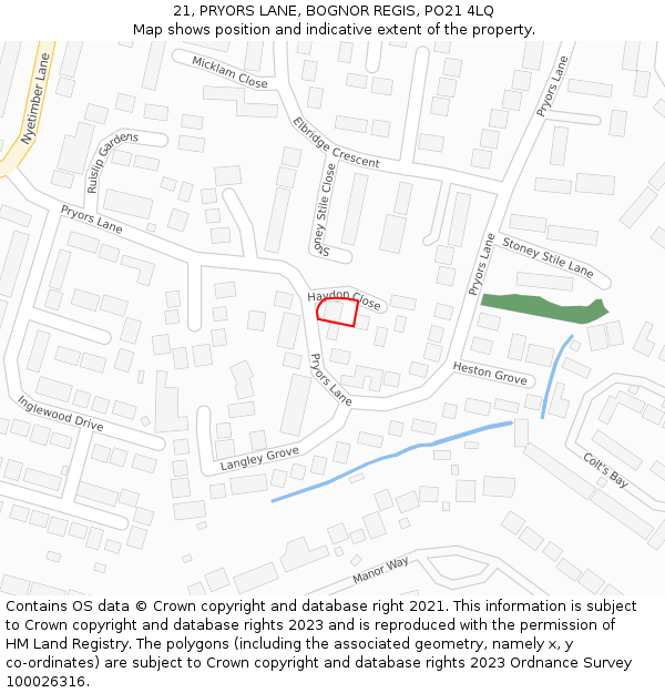 21, PRYORS LANE, BOGNOR REGIS, PO21 4LQ: Location map and indicative extent of plot