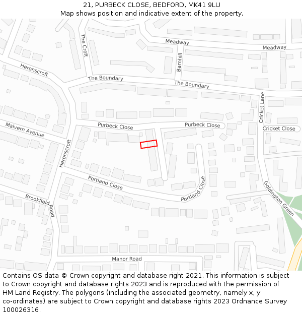 21, PURBECK CLOSE, BEDFORD, MK41 9LU: Location map and indicative extent of plot