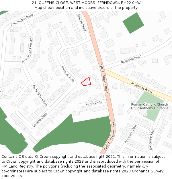 21, QUEENS CLOSE, WEST MOORS, FERNDOWN, BH22 0HW: Location map and indicative extent of plot