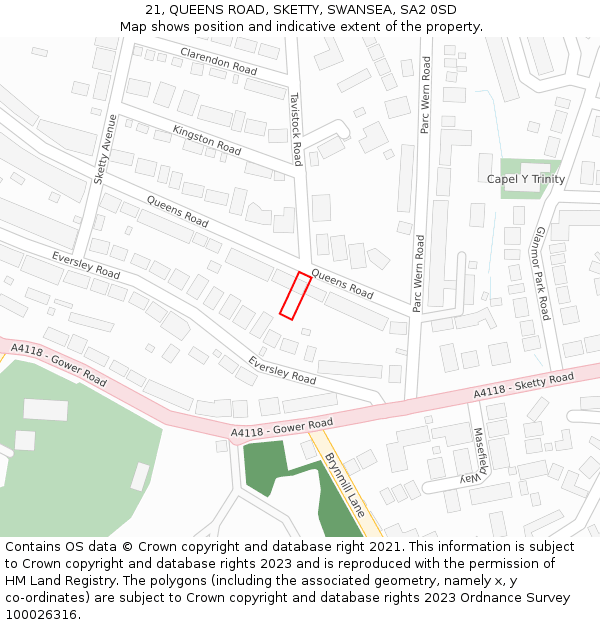 21, QUEENS ROAD, SKETTY, SWANSEA, SA2 0SD: Location map and indicative extent of plot