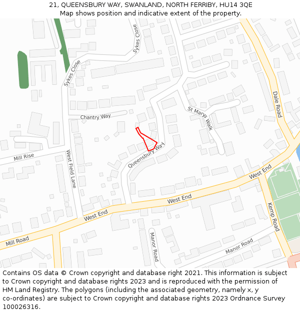 21, QUEENSBURY WAY, SWANLAND, NORTH FERRIBY, HU14 3QE: Location map and indicative extent of plot