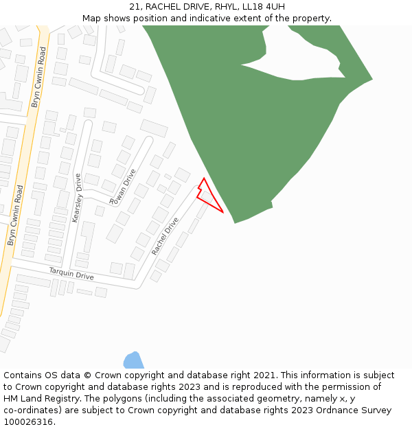 21, RACHEL DRIVE, RHYL, LL18 4UH: Location map and indicative extent of plot