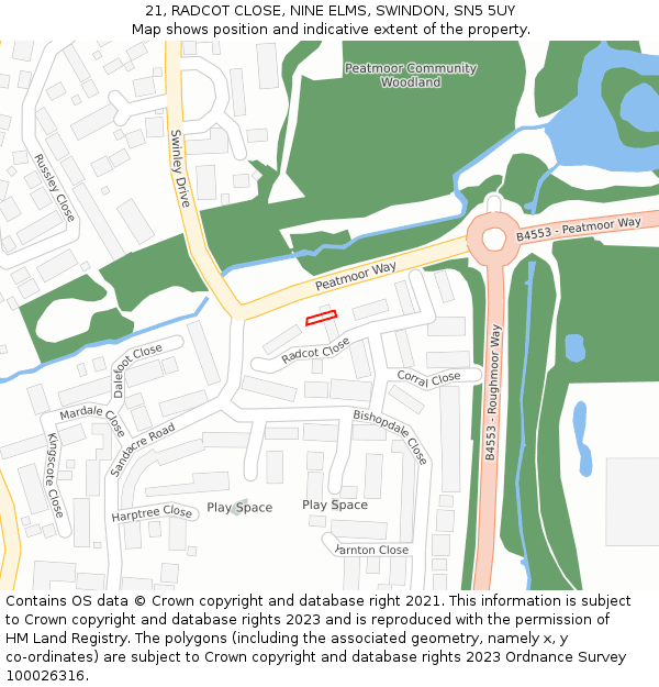 21, RADCOT CLOSE, NINE ELMS, SWINDON, SN5 5UY: Location map and indicative extent of plot