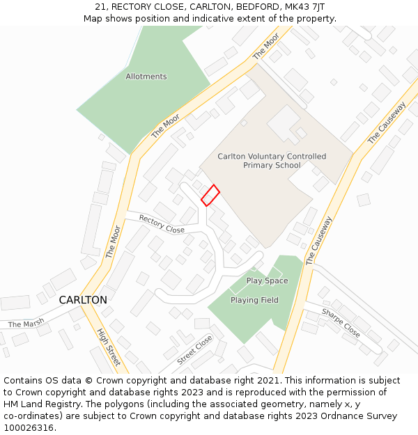 21, RECTORY CLOSE, CARLTON, BEDFORD, MK43 7JT: Location map and indicative extent of plot