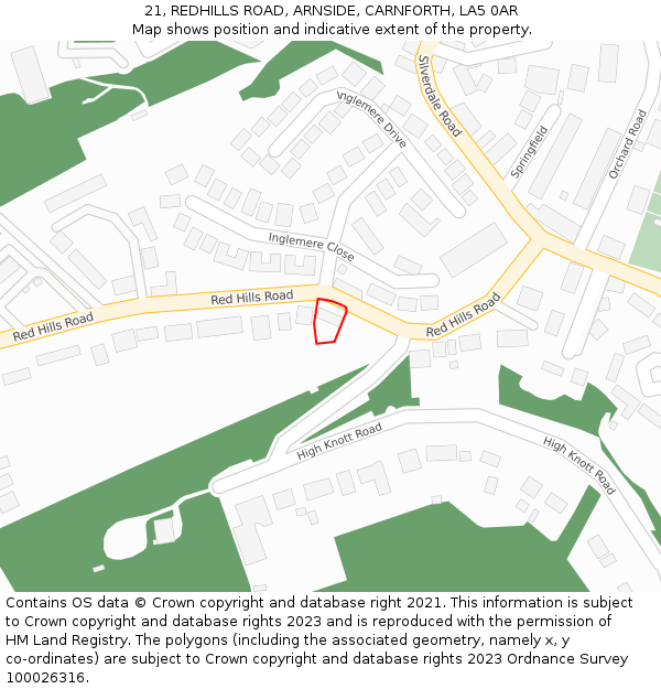 21, REDHILLS ROAD, ARNSIDE, CARNFORTH, LA5 0AR: Location map and indicative extent of plot
