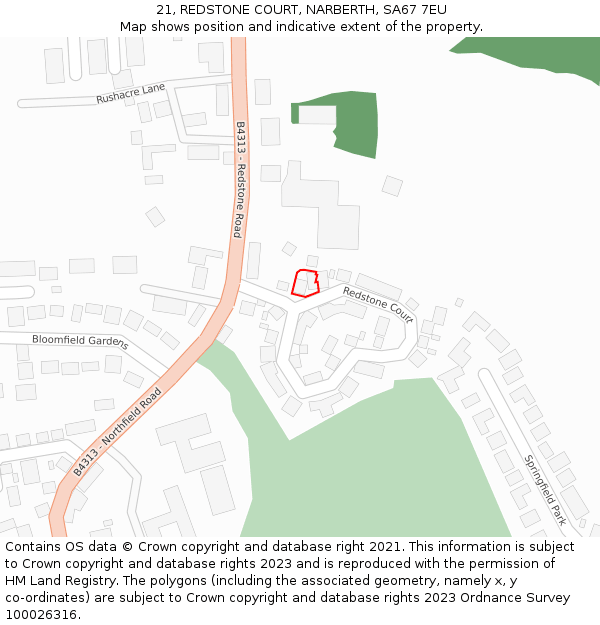 21, REDSTONE COURT, NARBERTH, SA67 7EU: Location map and indicative extent of plot