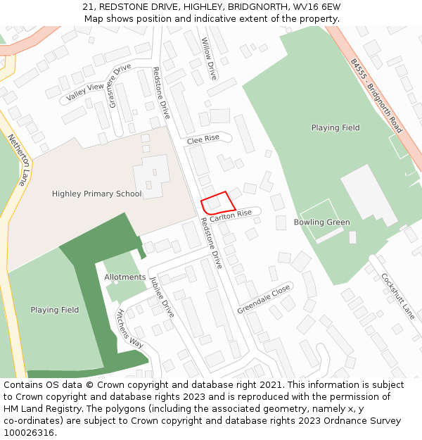 21, REDSTONE DRIVE, HIGHLEY, BRIDGNORTH, WV16 6EW: Location map and indicative extent of plot