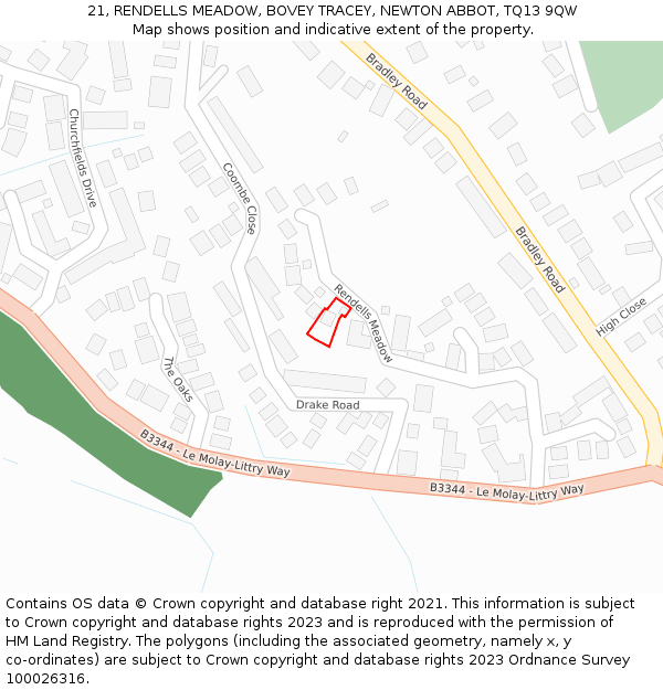 21, RENDELLS MEADOW, BOVEY TRACEY, NEWTON ABBOT, TQ13 9QW: Location map and indicative extent of plot