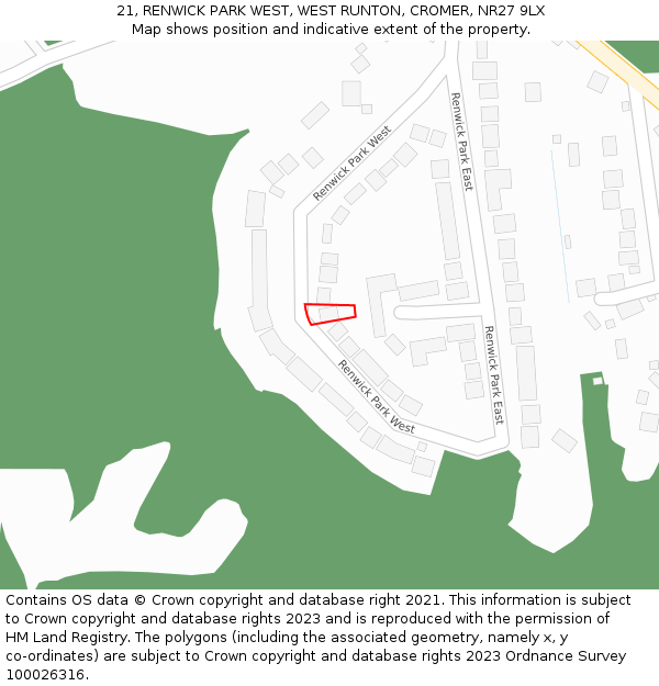 21, RENWICK PARK WEST, WEST RUNTON, CROMER, NR27 9LX: Location map and indicative extent of plot