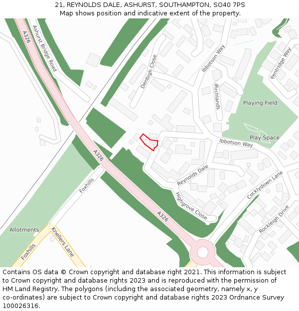 21, REYNOLDS DALE, ASHURST, SOUTHAMPTON, SO40 7PS: Location map and indicative extent of plot