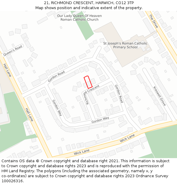 21, RICHMOND CRESCENT, HARWICH, CO12 3TP: Location map and indicative extent of plot