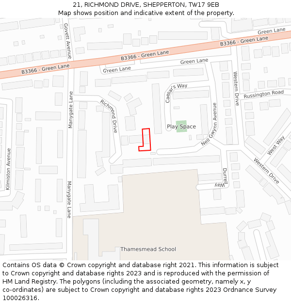 21, RICHMOND DRIVE, SHEPPERTON, TW17 9EB: Location map and indicative extent of plot