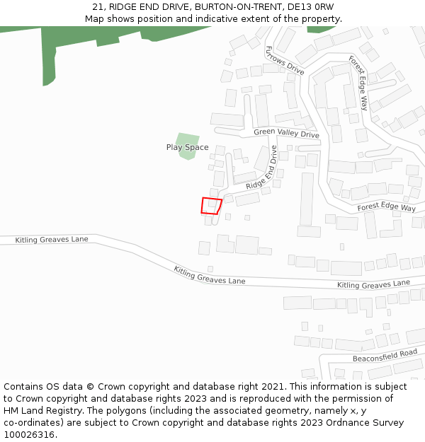 21, RIDGE END DRIVE, BURTON-ON-TRENT, DE13 0RW: Location map and indicative extent of plot